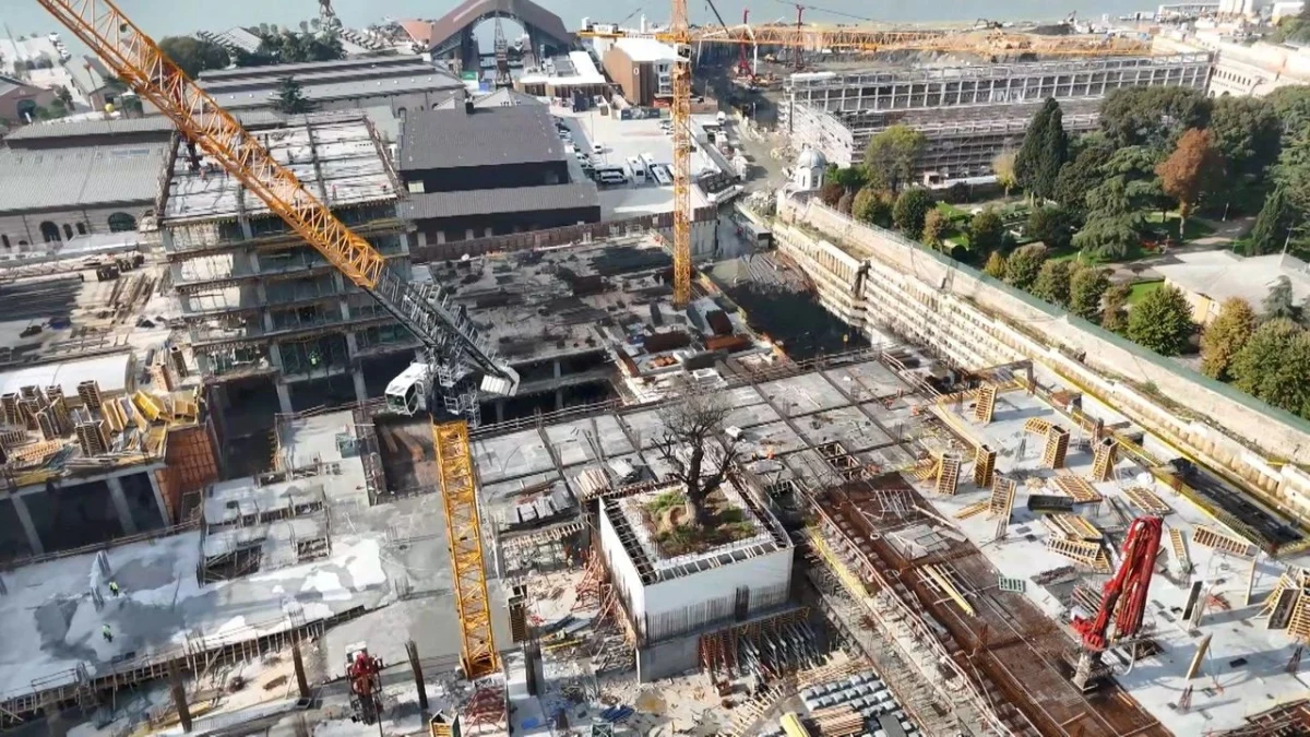 Eski Taşkızak Tersanesi’ndeki inşaat sahasında fore kazıklarla çevrili alanda kalan ağaç