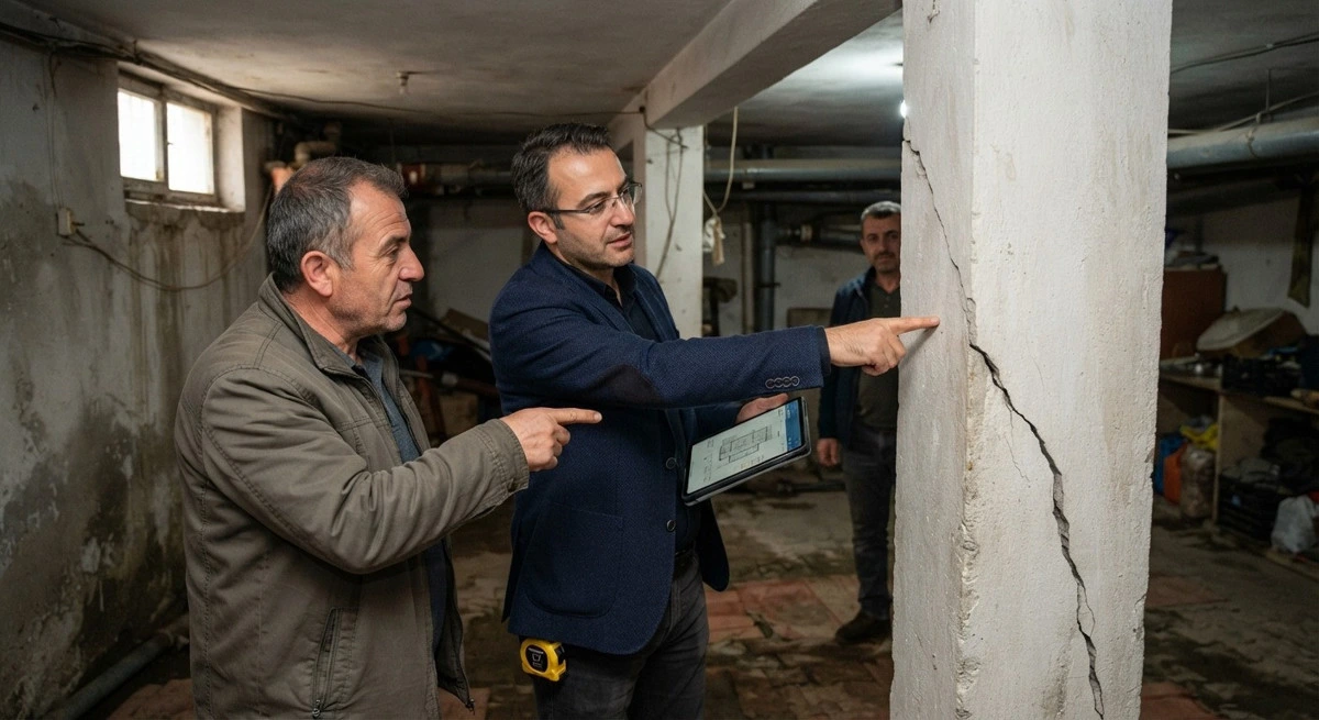 Uzmanlar bodrum kattaki bir binanın kolonundaki çatlağı inceliyor