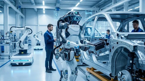 Otomobil üretim hattında bir araç gövdesi üzerinde çalışan endüstriyel robot ve işçiler