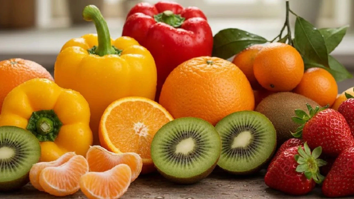 Portakal, mandalina, kivi, çilek ve kırmızı biber