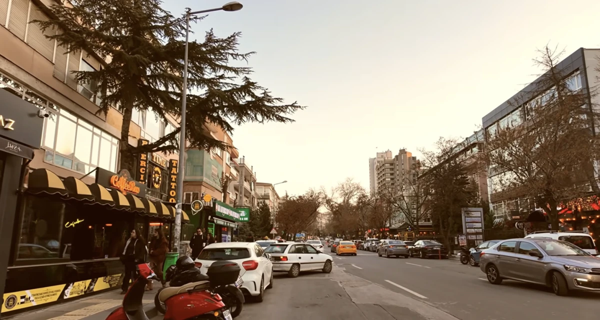 Mağazaların, park etmiş araçların ve yüksek binaların bulunduğu cadde