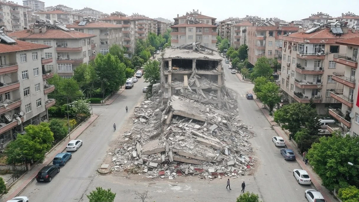 Yıkılmış bir binanın enkazı ve çevresindeki apartmanlar
