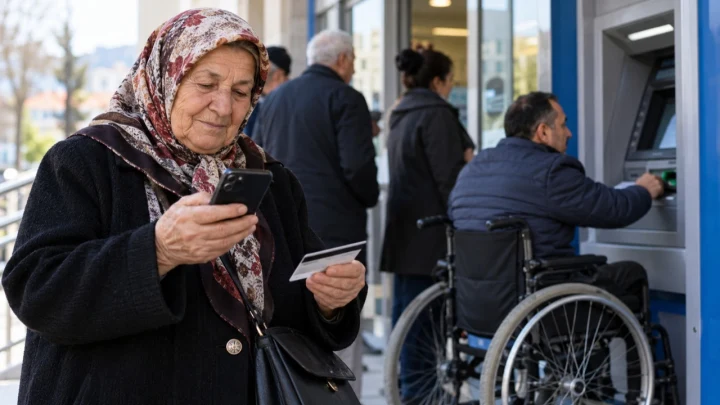 Yaşlı bir kadın telefonuna bakarken tekerlekli sandalyedeki bir kişi ATM’den işlem yapıyor