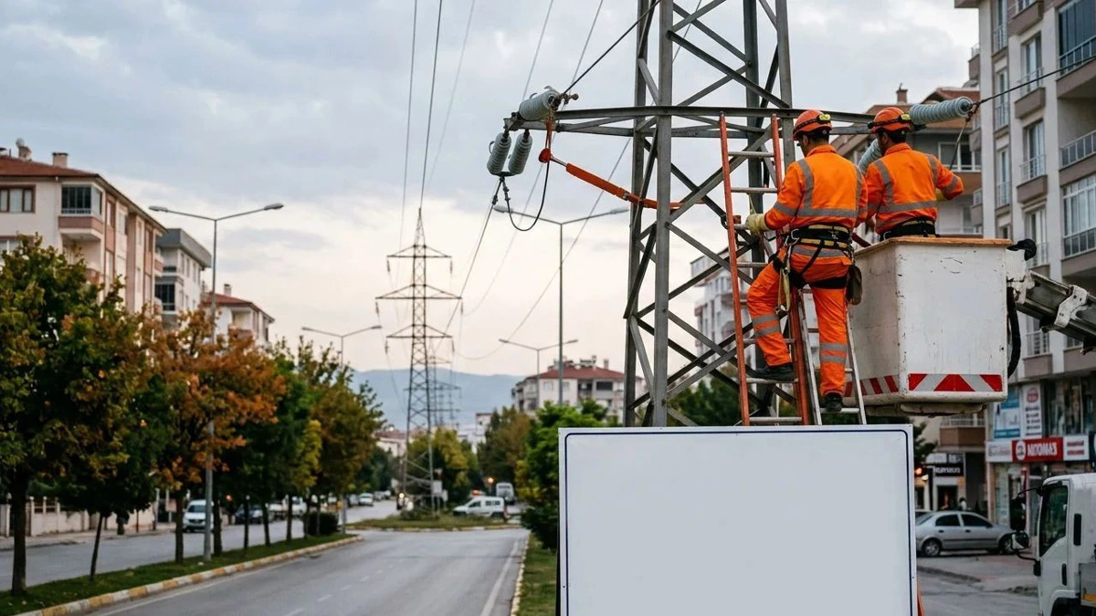 Turuncu iş kıyafetli ekip çalışanları elektrik direğinde çalışma yapıyor