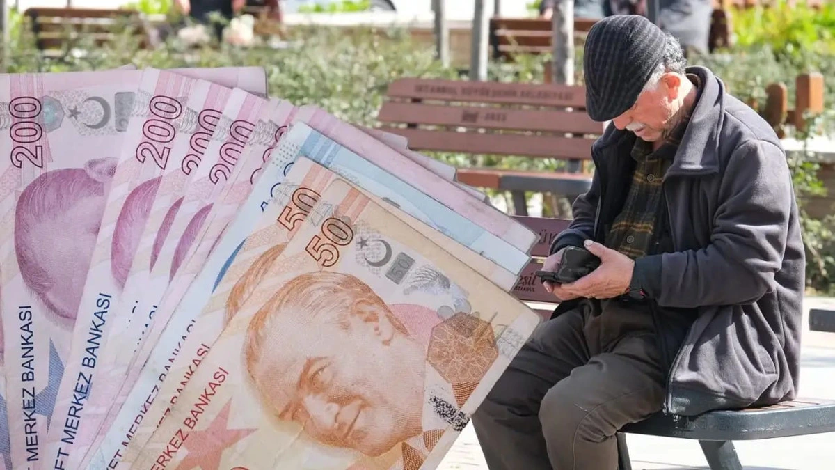 Banknot görseli önünde parkta oturan yaşlı bir kişi