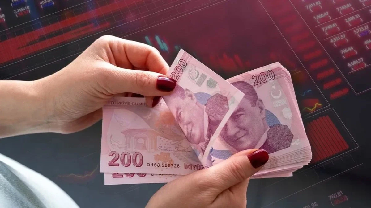 200 TL banknotlarını tutan eller ve arka planda finans grafikleri