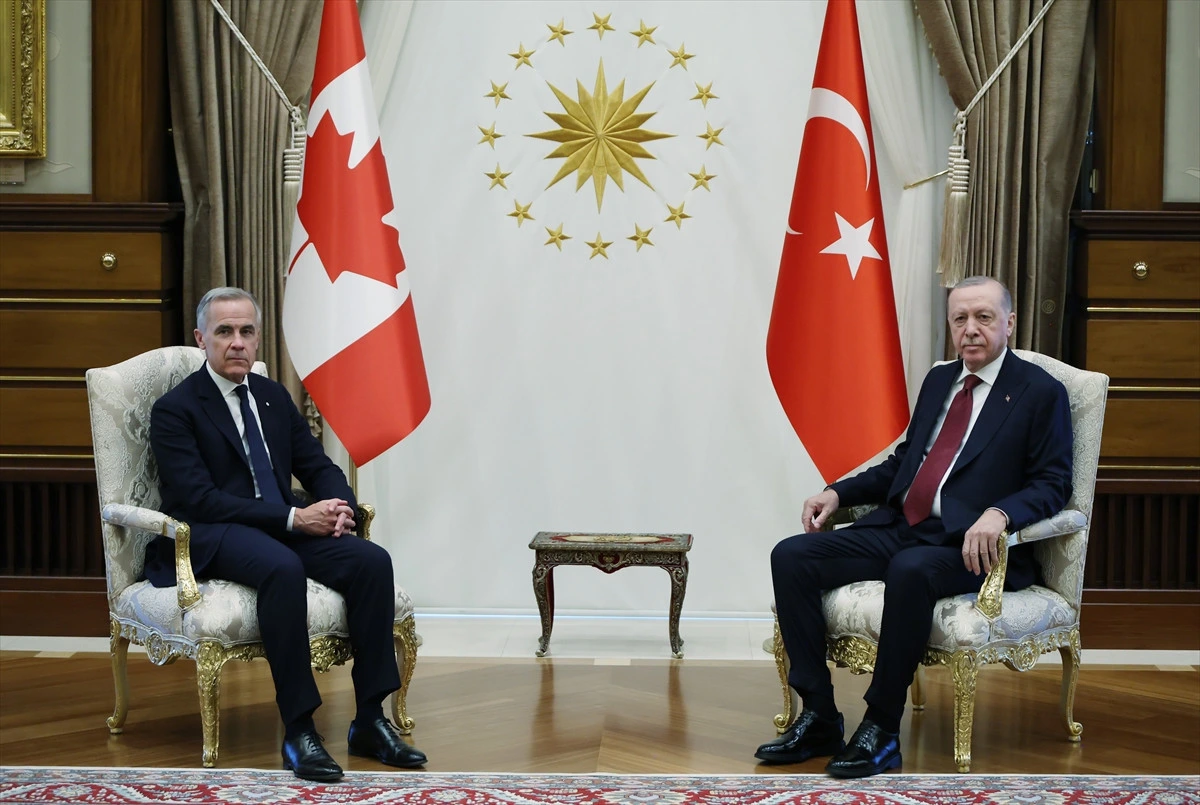 Recep Tayyip Erdoğan ve Mark Carney, Türk ve Kanada bayraklarının önünde karşılıklı oturuyor