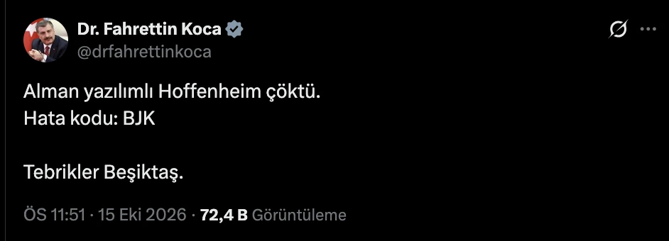 Fahrettin Koca’nın Beşiktaş galibiyeti için X’te paylaştığı “Hata kodu: BJK” mesajı