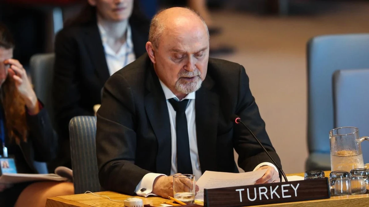 Feridun Sinirlioğlu, önünde Türkiye yazılı masa tabelası bulunan toplantı masasında konuşma yaparken