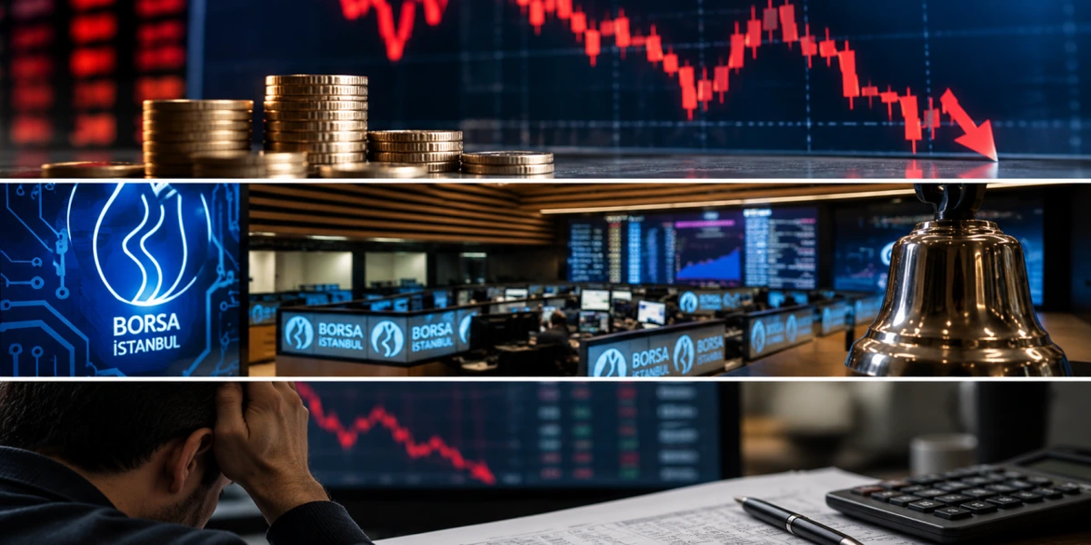 Düşen piyasa grafiği, Borsa İstanbul görselleri ve yatırımcı kayıplarını simgeleyen para yığınları
