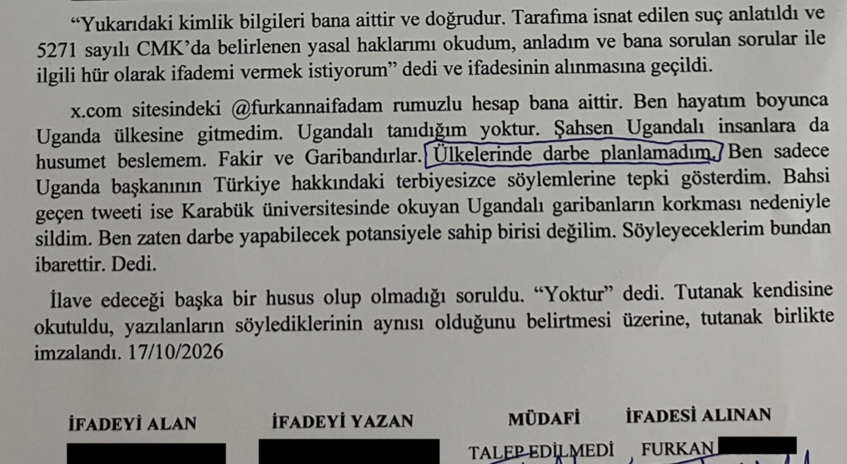 Furkan’ın emniyette verdiği ifadeden bir bölümün yer aldığı tutanak görüntüsü