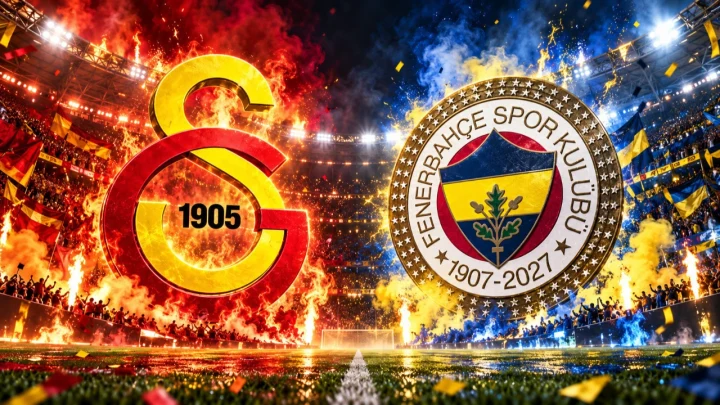 Galatasaray ve Fenerbahçe armalarının derbi atmosferiyle yan yana yer aldığı görsel