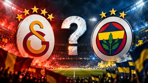 Galatasaray ve Fenerbahçe logoları arasında soru işareti bulunan derbi görseli