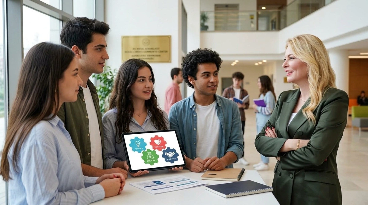 Dr. Özlen Çetin Ege bir grup gençle kariyer üzerine konuşurken