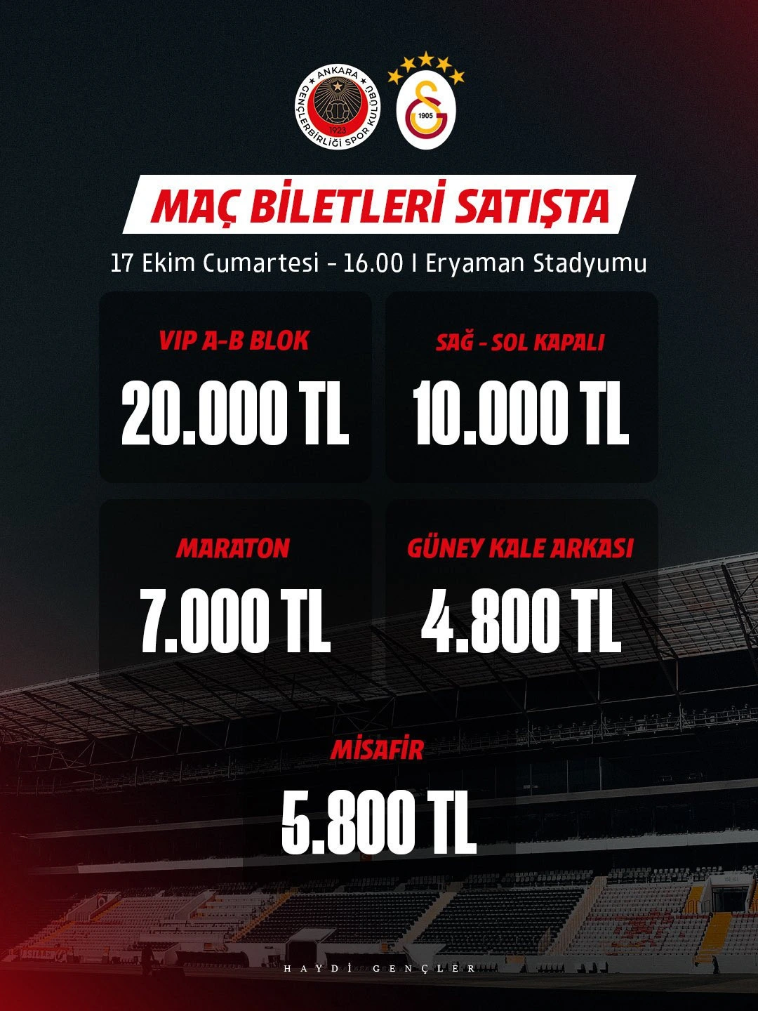 Gençlerbirliği-Galatasaray maçı için tribünlere göre bilet fiyatlarını gösteren afiş