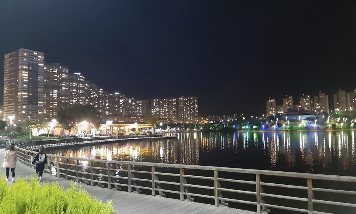 Gece ışıklarıyla aydınlanan göl kıyısı ve çevresindeki konutlar