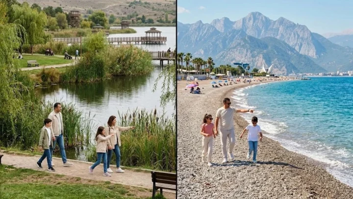Gölbaşı’nda park ve Konyaaltı’nda sahil manzarasında yürüyen aileler