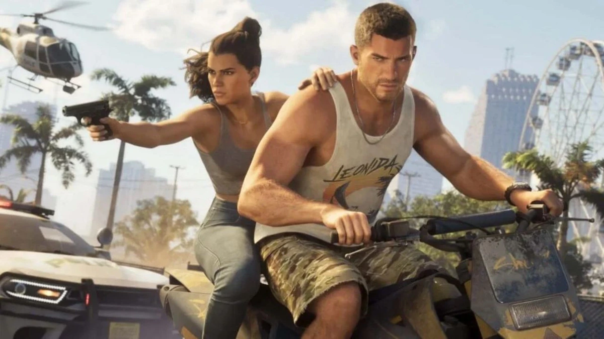 GTA 6 görselinde bir kadın ve erkek ATV üzerinde ilerliyor