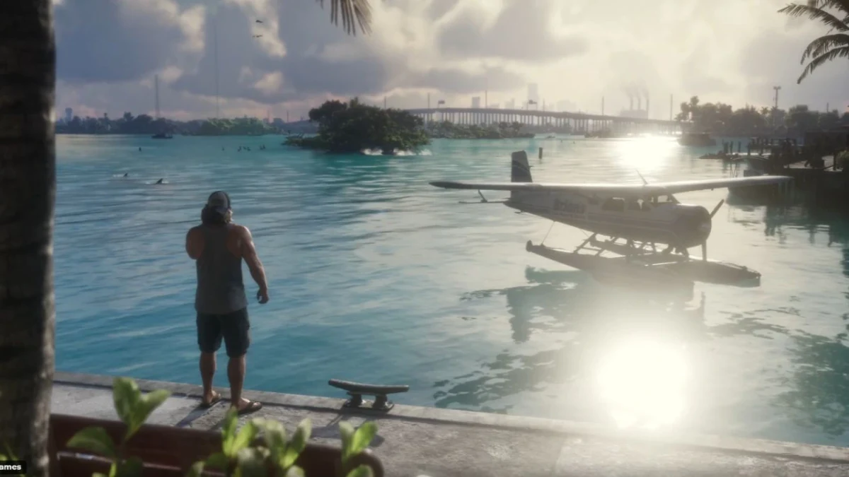 GTA 6 fragmanında kıyıdaki iskele ve su üzerinde bir uçak görülüyor