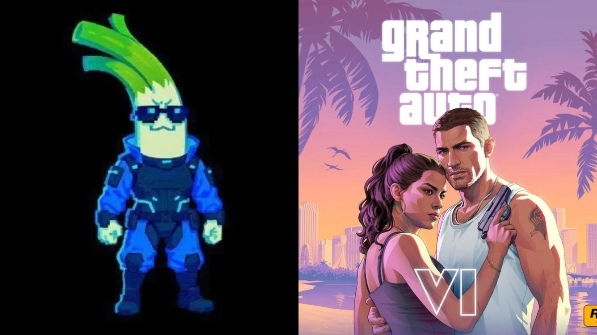 Mavi kostümlü çizgi karakter ile Grand Theft Auto VI tanıtım görselinin yan yana yer aldığı kolaj