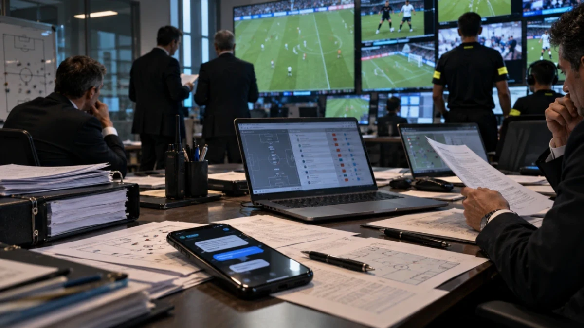 Futbol karşılaşmalarının görüntülerini izleyen görevlilerin bulunduğu kontrol odasında masanın üzerinde telefon ve belgeler