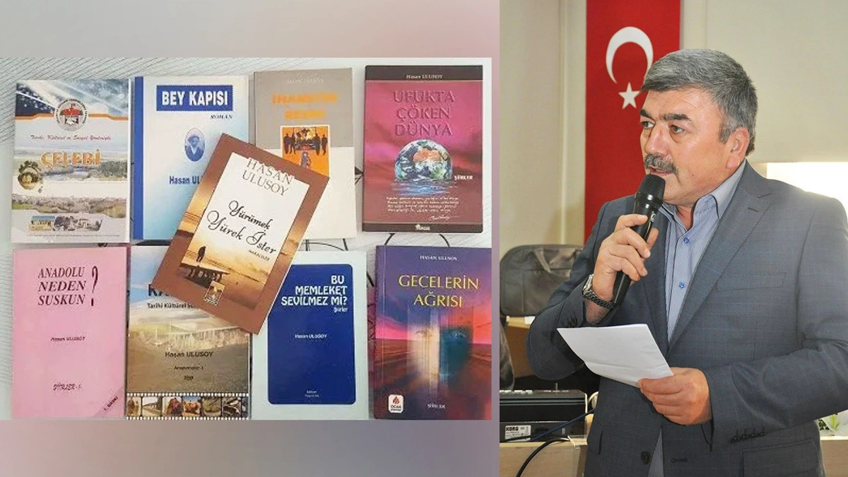 Hasan Ulusoy’un kitapları ve bir etkinlikte konuşma yaptığı fotoğraf