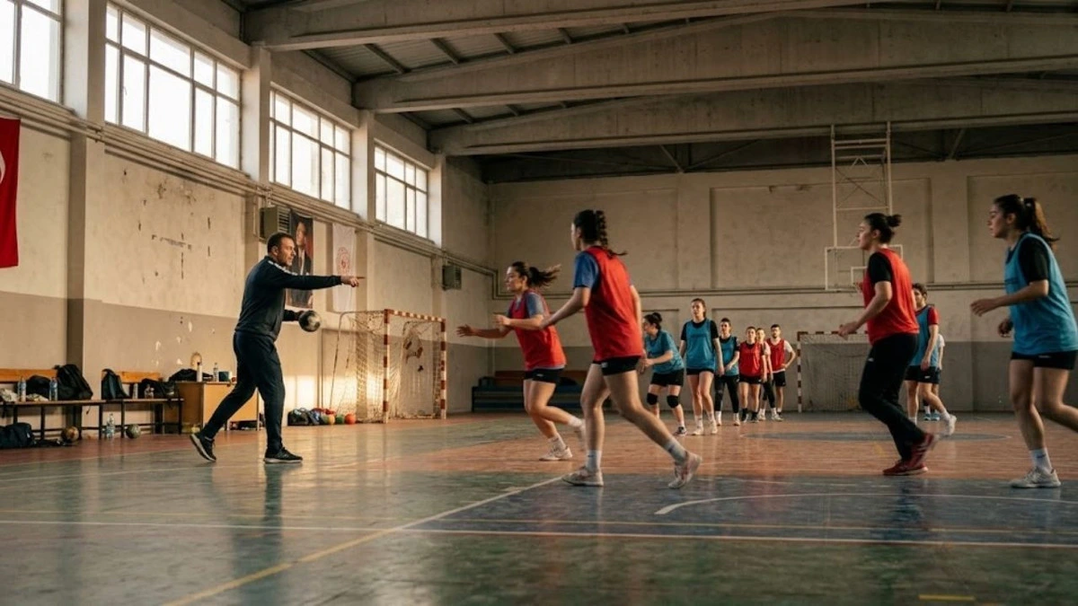 Kadın hentbol oyuncuları salonda antrenman yaparken bir antrenör top atıyor