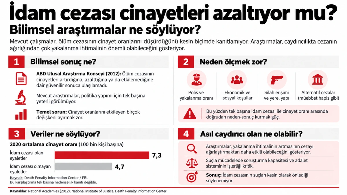 İdam cezasının caydırıcılığına ilişkin araştırma bulgularını ve 2020 cinayet oranlarını özetleyen infografik