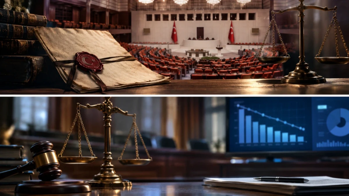 Hukuk kitapları, mahkeme salonu ve teraziyle idam cezası tartışmasını simgeleyen görsel