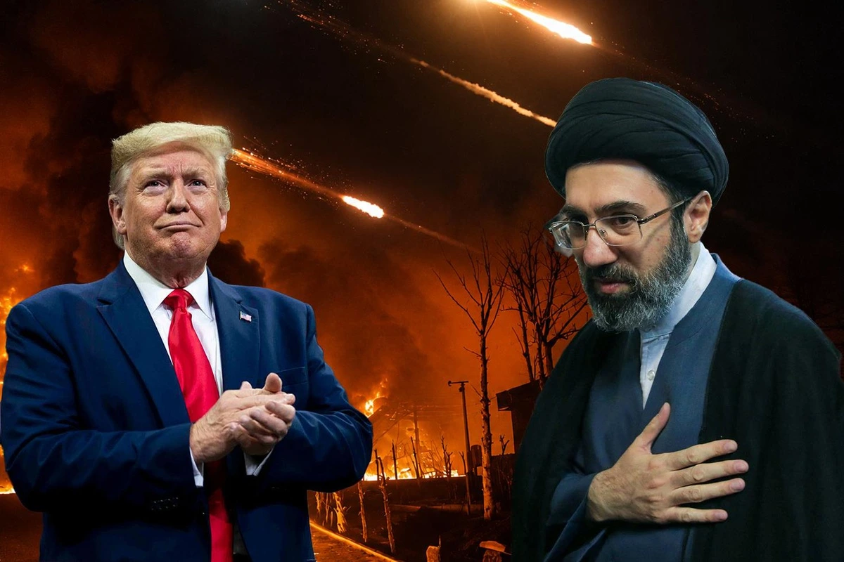 Donald Trump ve İranlı bir dinî liderin, patlama görüntüsü önünde yer aldığı kompozisyon