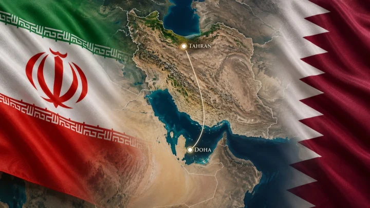 İran ve Katar bayrakları üzerinde Tahran ve Doha’yı gösteren harita