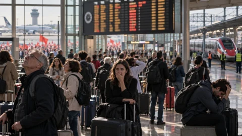 İtalya’daki havalimanında uçuş bilgi panosunun önünde bekleyen yolcular