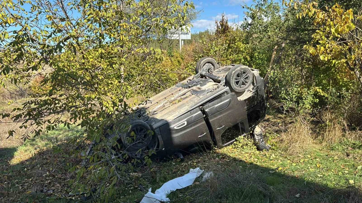 Karabük-Ankara yolunda kaza yapan kamyonet ters dönmüş halde yol kenarındaki bitki örtüsü arasında