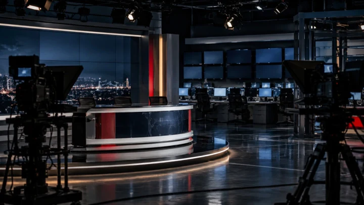 Karanlık bir televizyon stüdyosunda haber masası, kameralar ve yayın ekipmanları