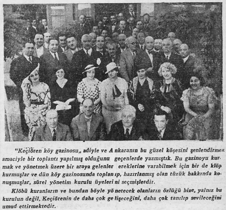 Keçiören Köy Gazinosu hakkında eski bir gazete kupüründe yer alan toplu fotoğraf ve yazı