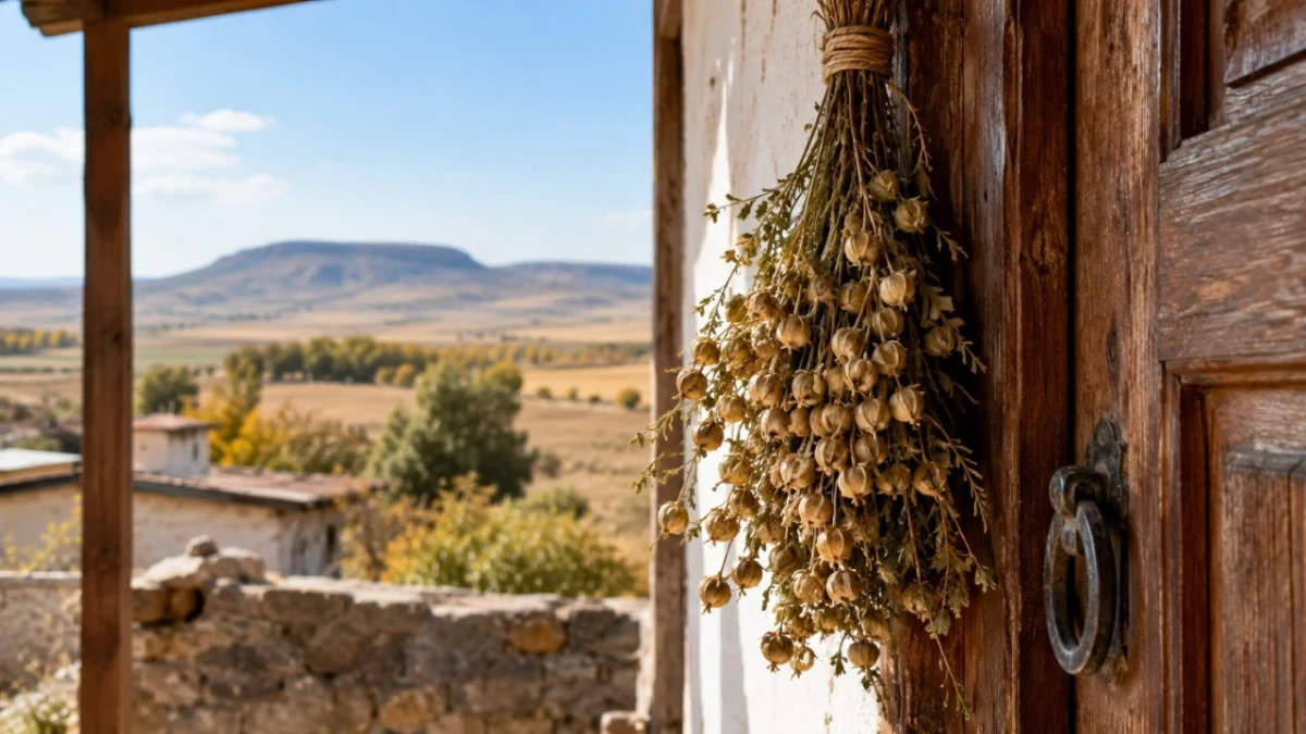 Kırsal bir evin ahşap kapısına asılmış kurutulmuş üzerlik demeti