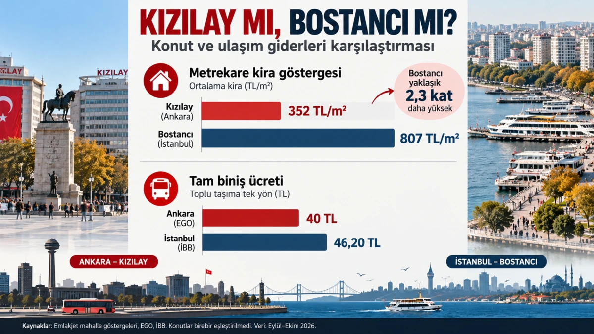 Kızılay ve Bostancı için ortalama kira göstergeleri ile standart tam biniş ücretlerini karşılaştıran infografik