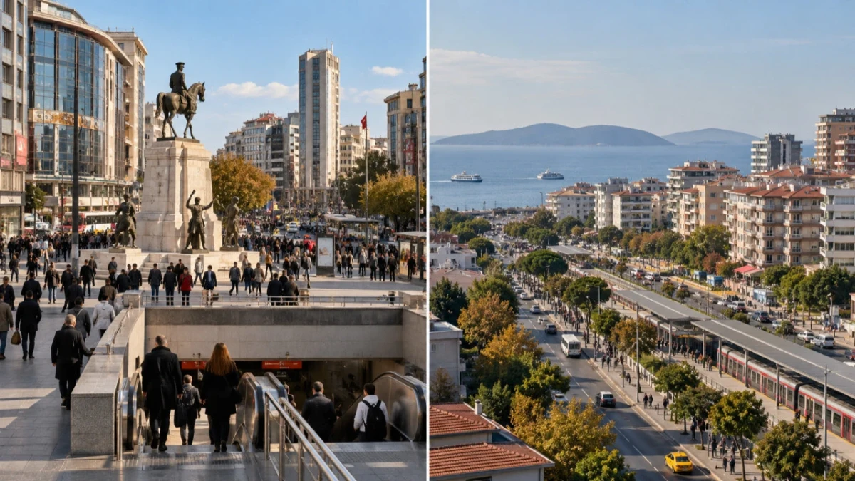 Ankara Kızılay ve İstanbul Bostancı manzaralarını yan yana gösteren görsel