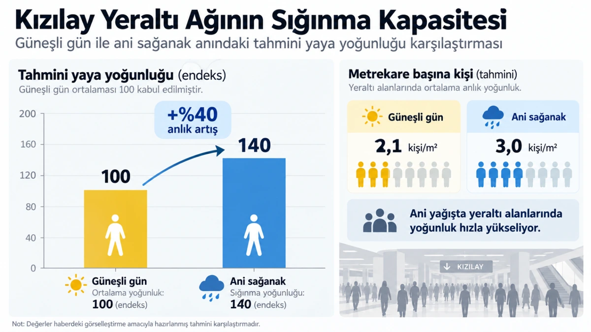Kızılay yeraltı ağındaki tahmini yoğunluğu güneşli gün ve ani sağanak için karşılaştıran grafik