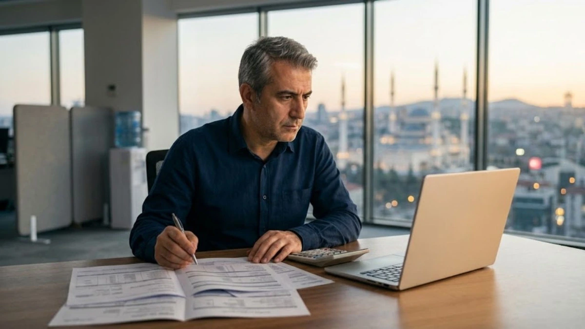 Masa başında belgeleri inceleyip bilgisayarda çalışan kişi