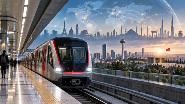 Ankara manzarası önünde raylarda ilerleyen metro treni