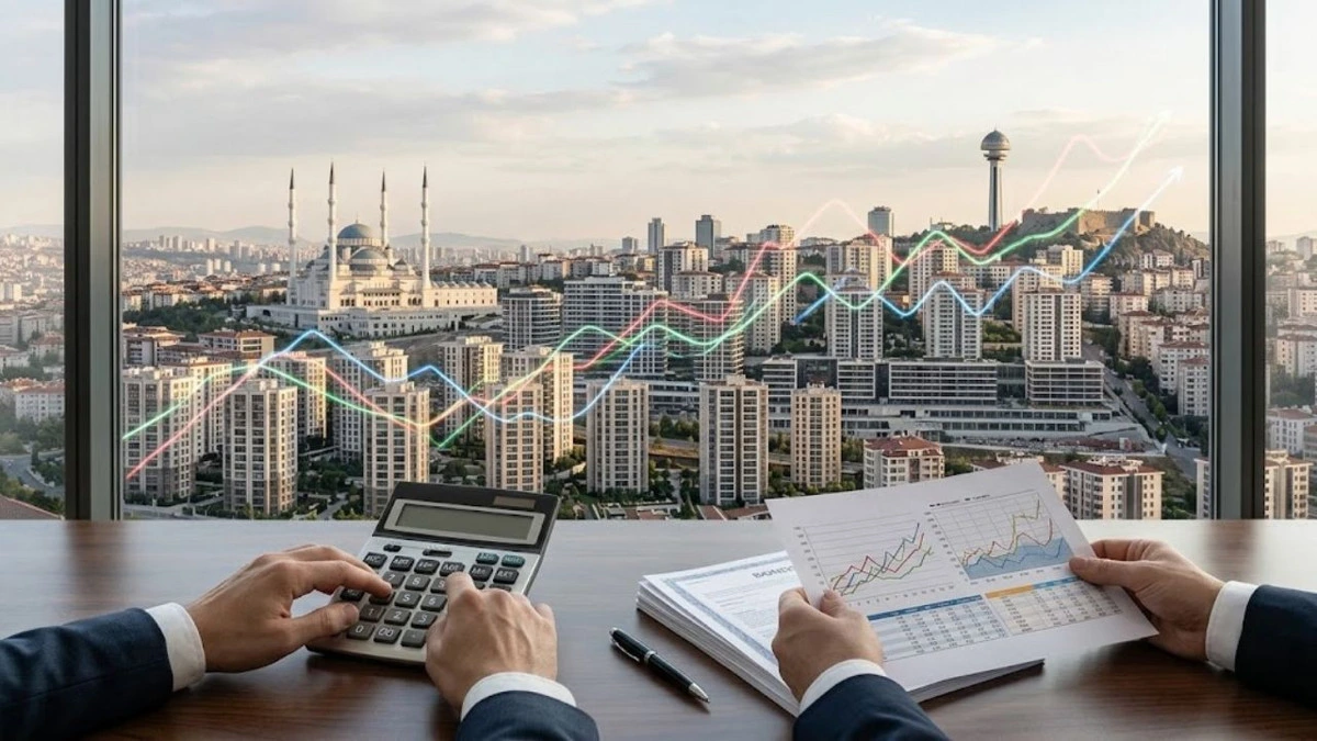 Ankara manzarası önünde grafiklere bakan iki kişinin çalışma masası