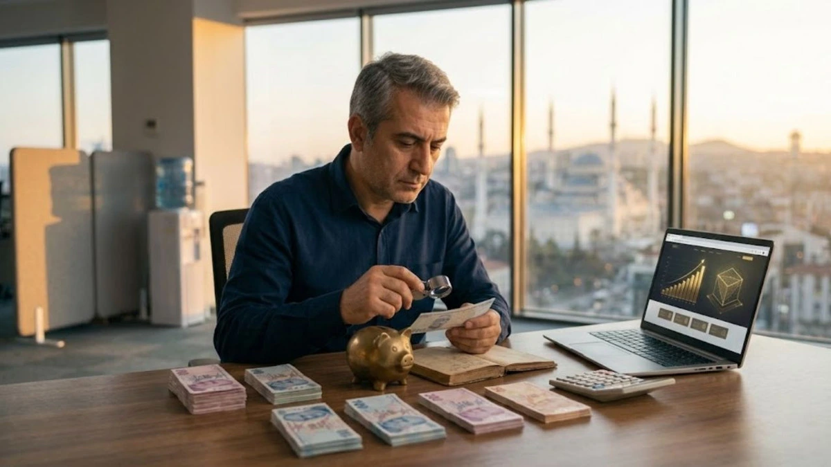 Masa üzerinde para ve hesap makinesiyle finansal belgeleri inceleyen kişi