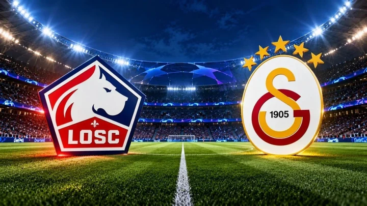 Lille ve Galatasaray logoları stadyum sahası üzerinde yan yana