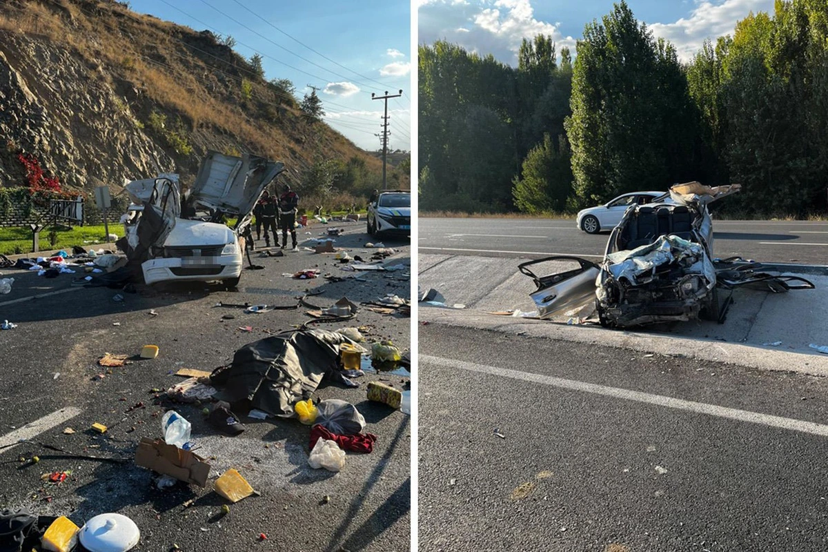 Mamak'taki kazada hasar gören otomobiller ve yola savrulan parçalar