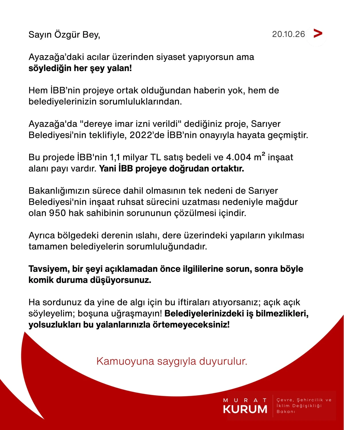 Murat Kurum’un Ayazağa projesi hakkında açıklamalarının yer aldığı metin görseli