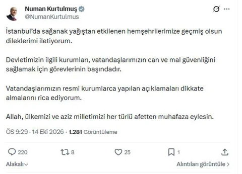 Numan Kurtulmuş’un İstanbul’daki sağanak yağışla ilgili sosyal medya paylaşımı