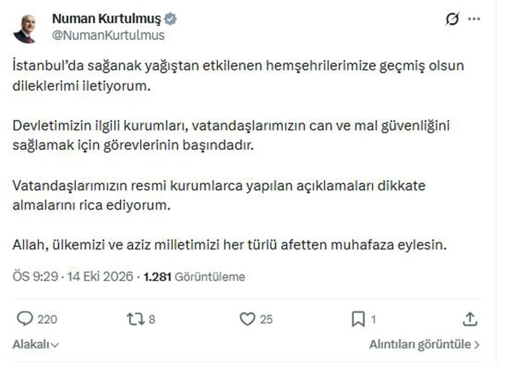 Numan Kurtulmuş’un İstanbul’daki sağanak yağışla ilgili sosyal medya paylaşımı