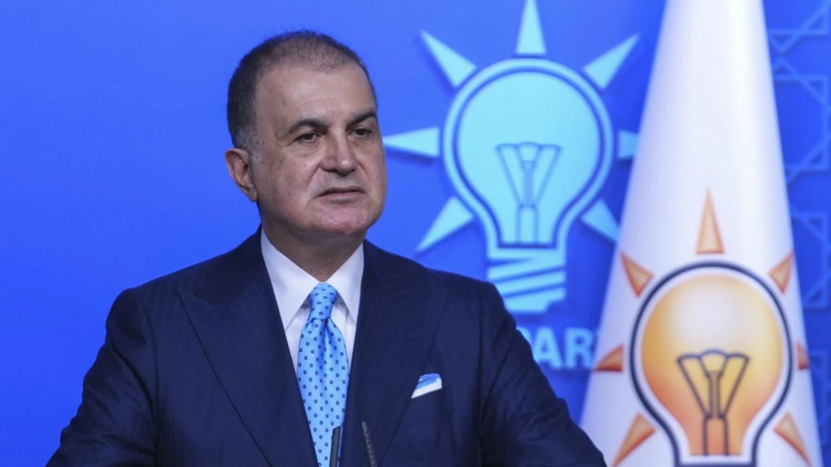 Ömer Çelik, AK Parti ambleminin önünde konuşurken