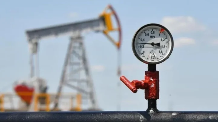 Petrol kuyusu pompasının arka planında boru üzerindeki basınç göstergesi